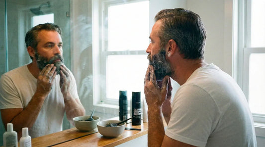 homme qui s'applique du shampoing colorant sur la barbe