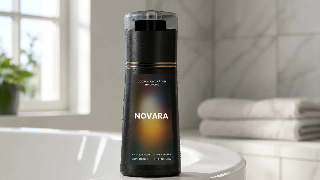 Flacon de shampoing colorant Novara sur le bord d'une baignoire, gouttes d'eau, une couleur qui part au lavage