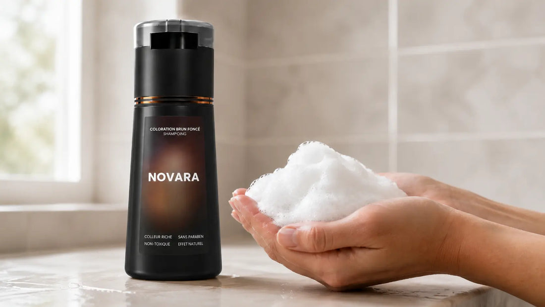 Flacon de shampoing colorant Novara posé près d'une mousse de shampoing dans des mains, dans une salle de bain en lumière du jour
