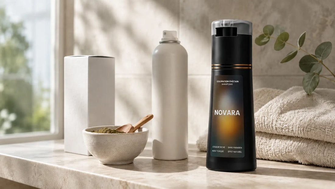 Quatre façons de couvrir les cheveux blancs alignées sur une étagère de salle de bain dont le shampoing colorant Novara
