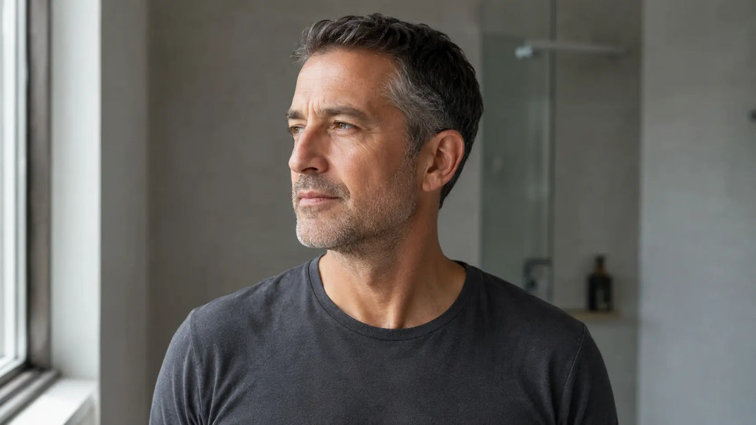 Homme de 48 ans aux tempes grisonnantes, de profil, en lumière du jour