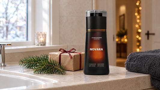 Shampoing colorant Novara brun posé au bord d'un lavabo décoré pour les fêtes de Noël