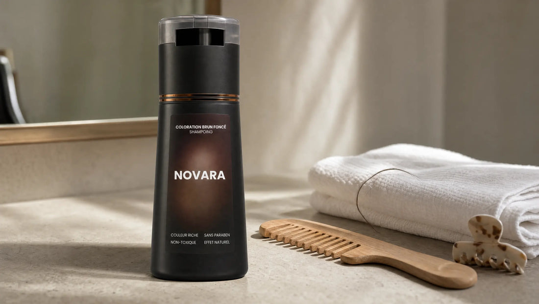 Flacon de shampoing colorant Novara posé sur un plan de salle de bain en lumière naturelle, à côté d'un peigne en bois et d'une serviette blanche