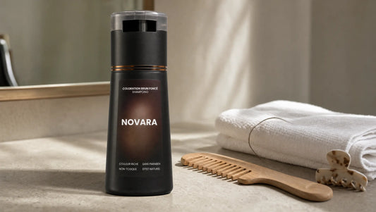 Flacon de shampoing colorant Novara posé sur un plan de salle de bain en lumière naturelle, à côté d'un peigne en bois et d'une serviette blanche