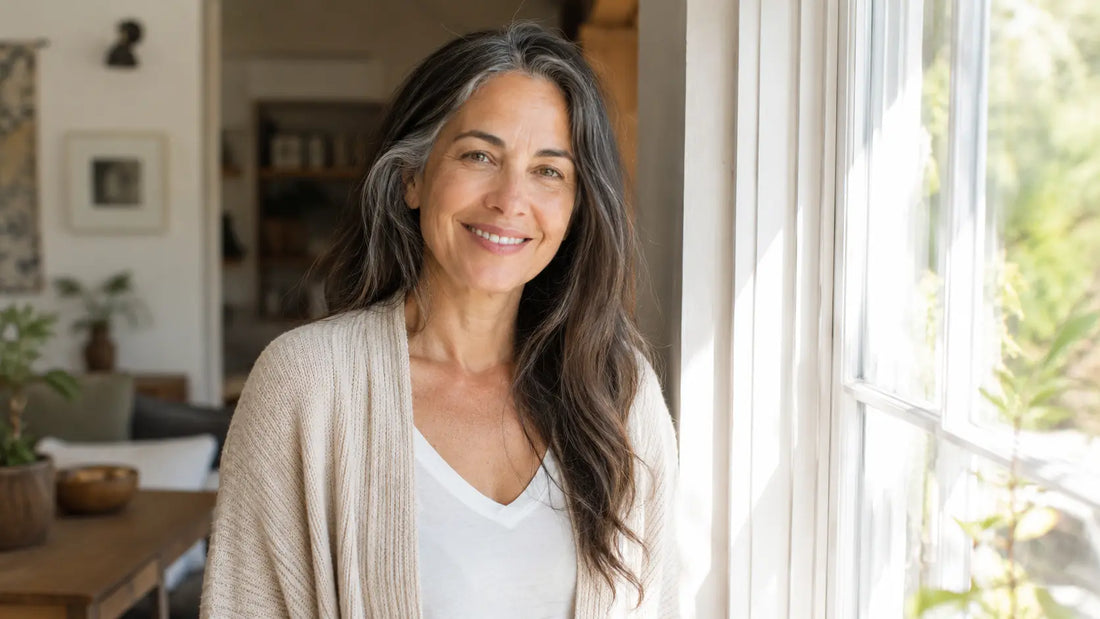 Femme aux cheveux grisonnants près d'une fenêtre ensoleillée, ambiance naturelle et lumineuse