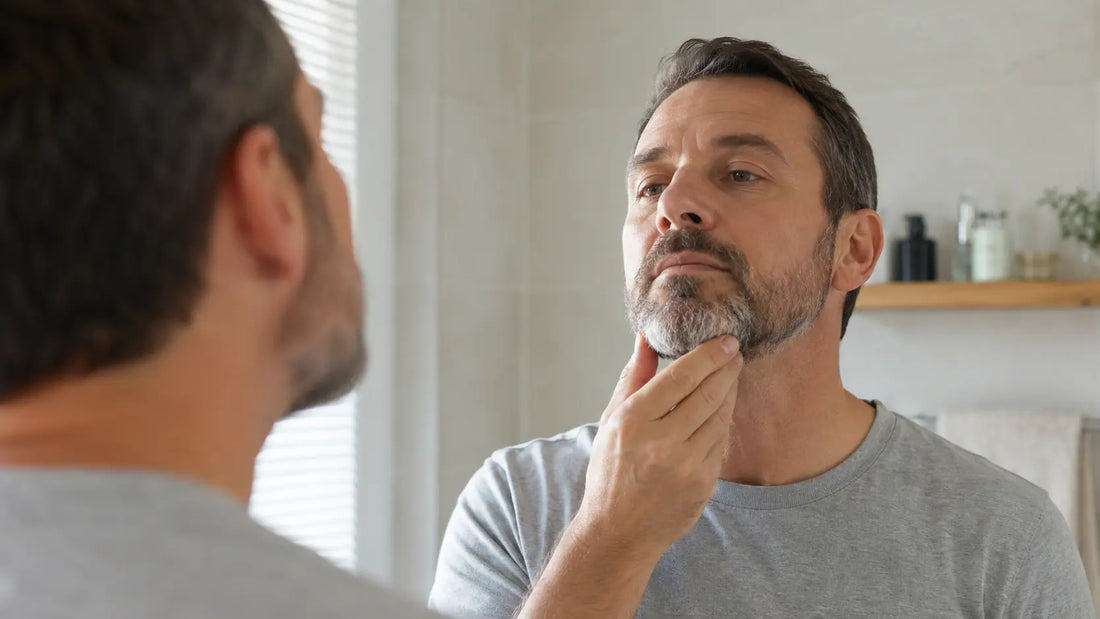 Homme observant les poils blancs de sa barbe avant de la teindre