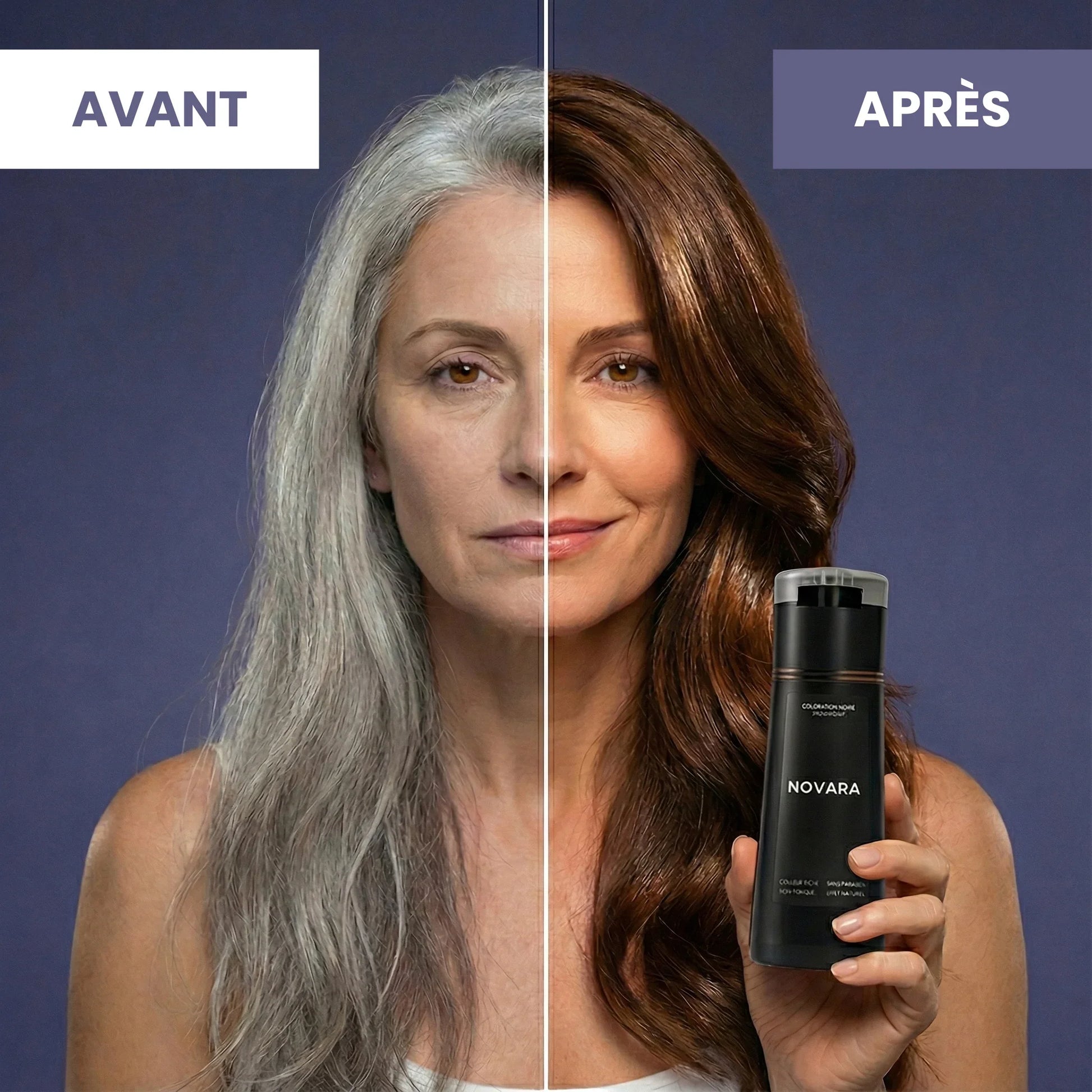 Résultat avant après obtenu avec le shampoing colorant Novara