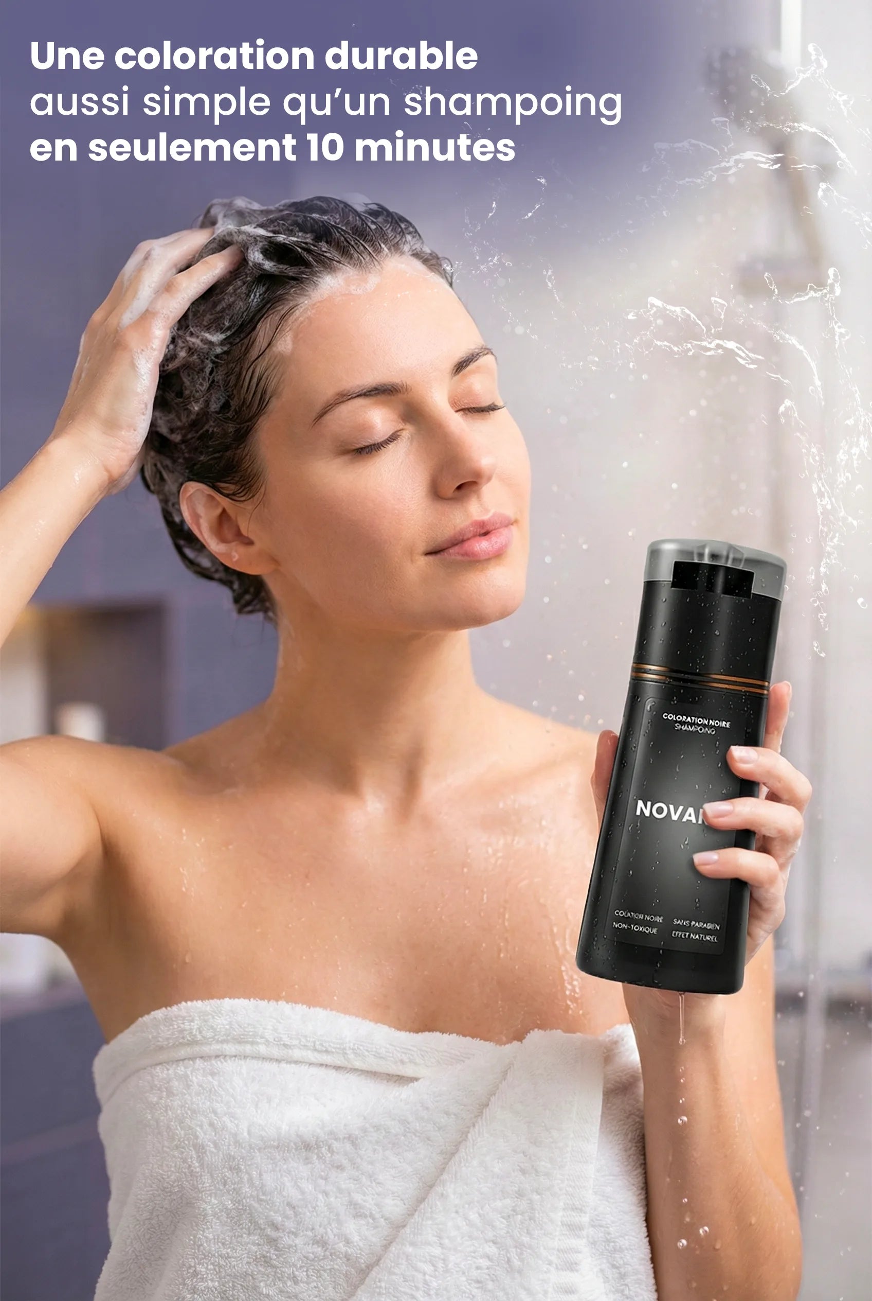 femme tenant bouteille de shampoing Novara