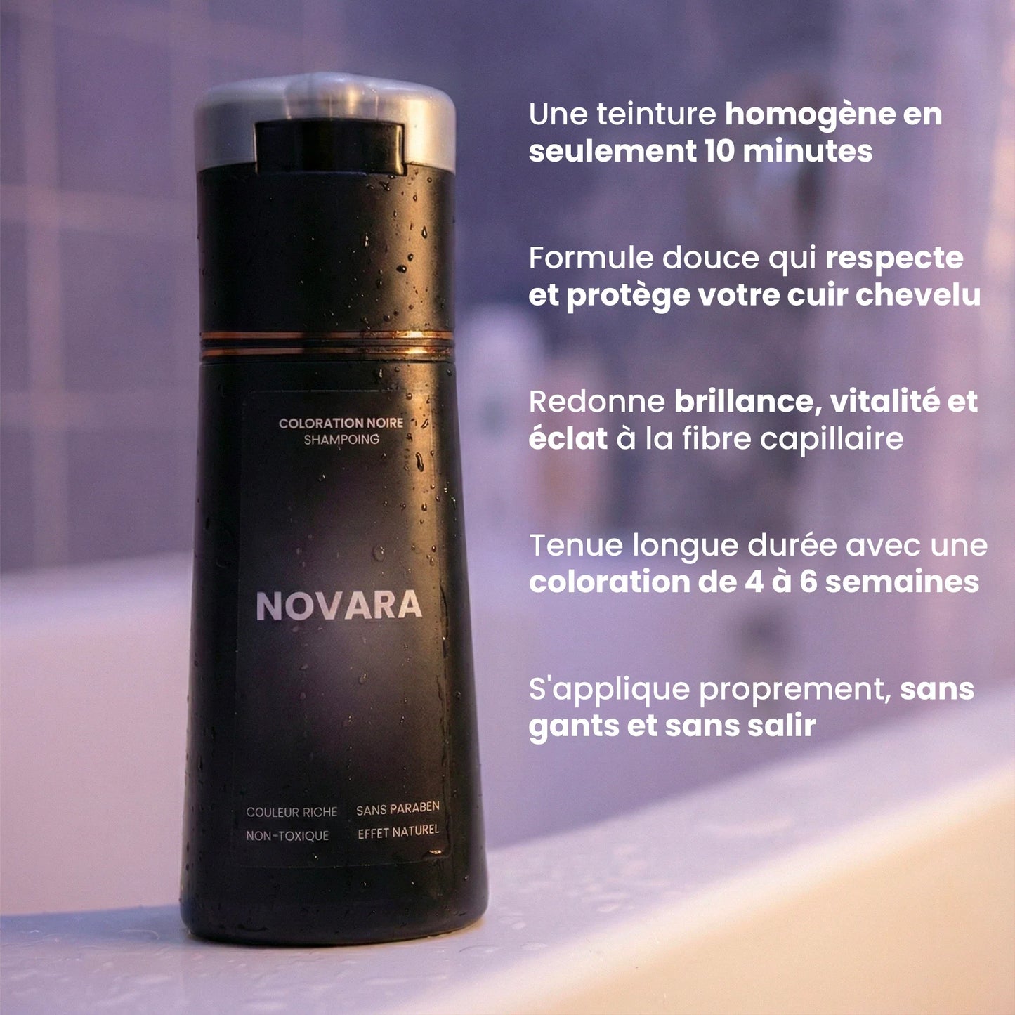 Flacon de shampoing colorant Novara posé sur un rebord de baignoire