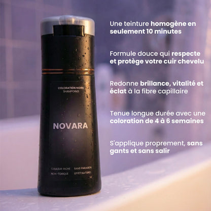 Flacon de shampoing colorant Novara posé sur un rebord de baignoire