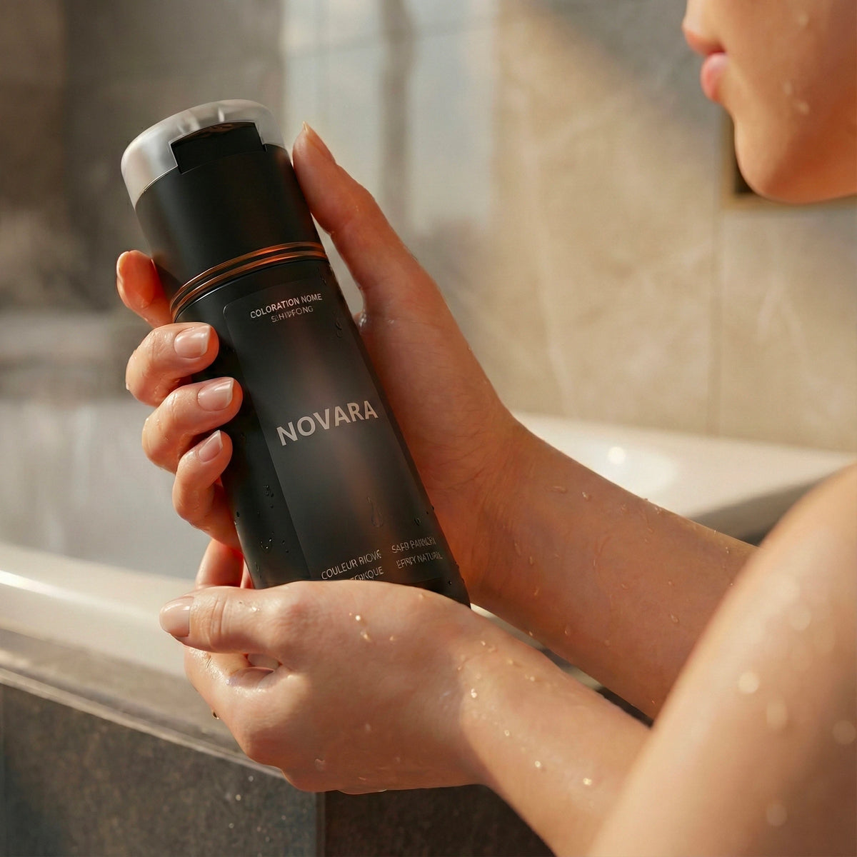 Femme tenant une bouteille de shampoing teinte noir 200ml