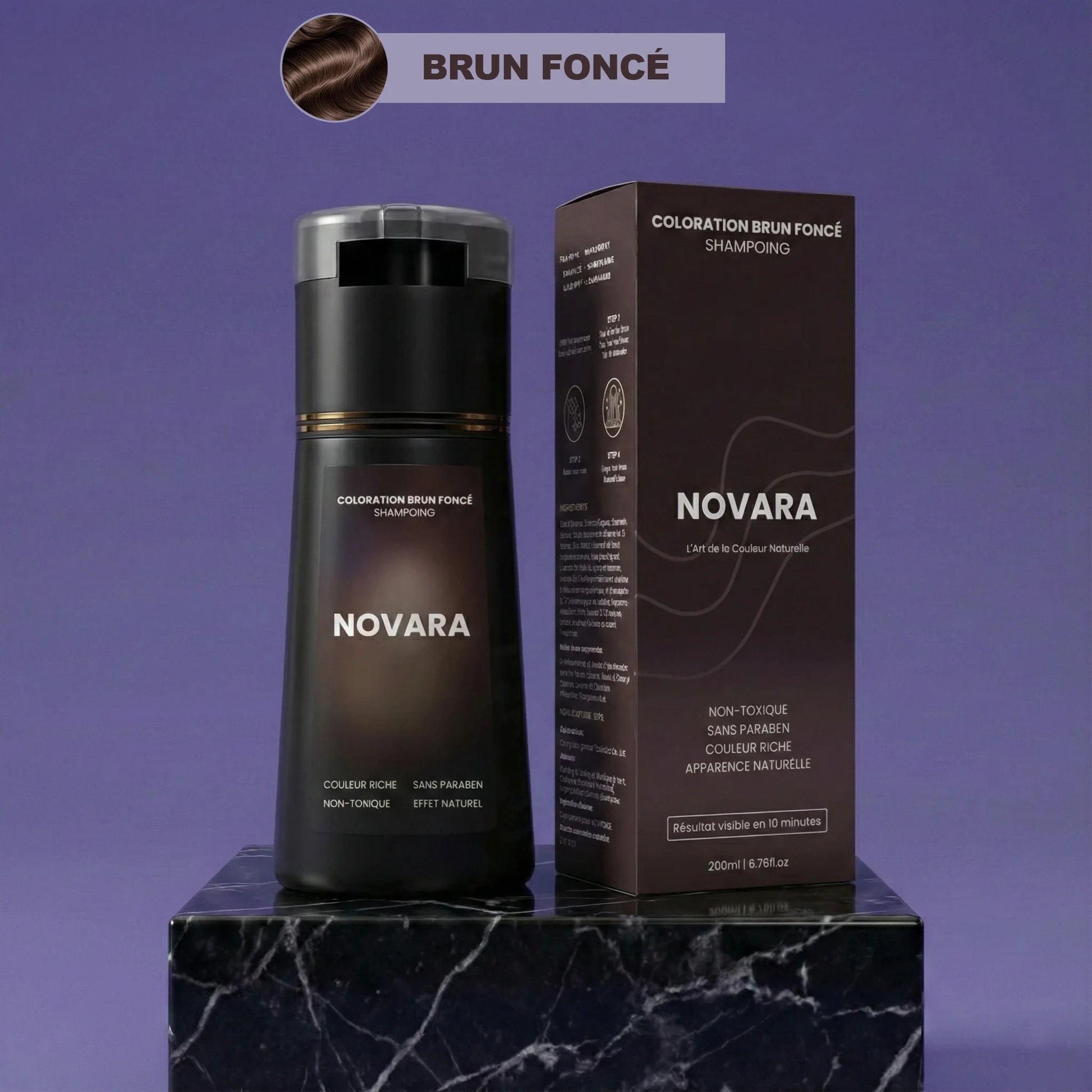 Flacon de shampoing colorant Novara, teinte brun foncé