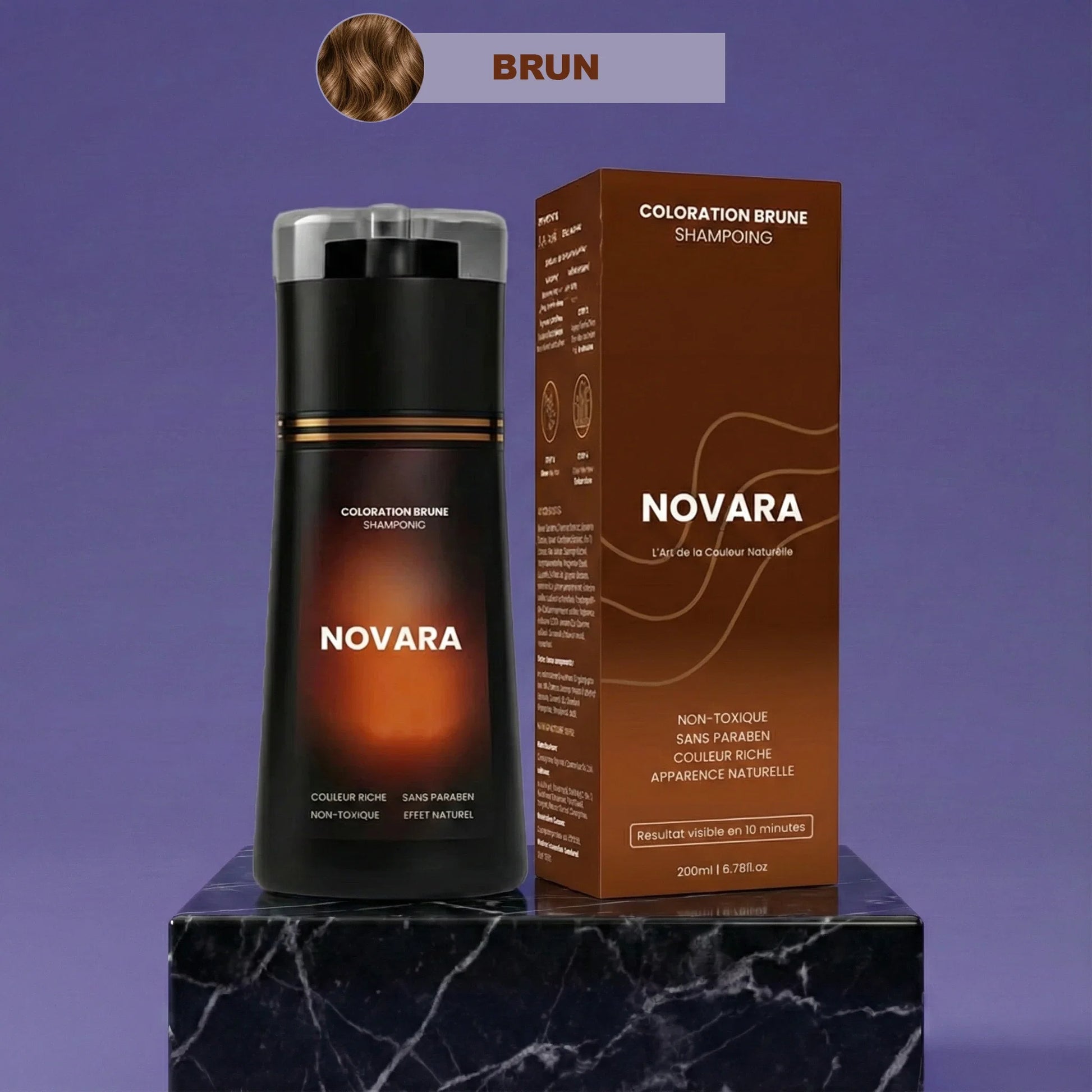 Flacon de shampoing colorant Novara, teinte brune