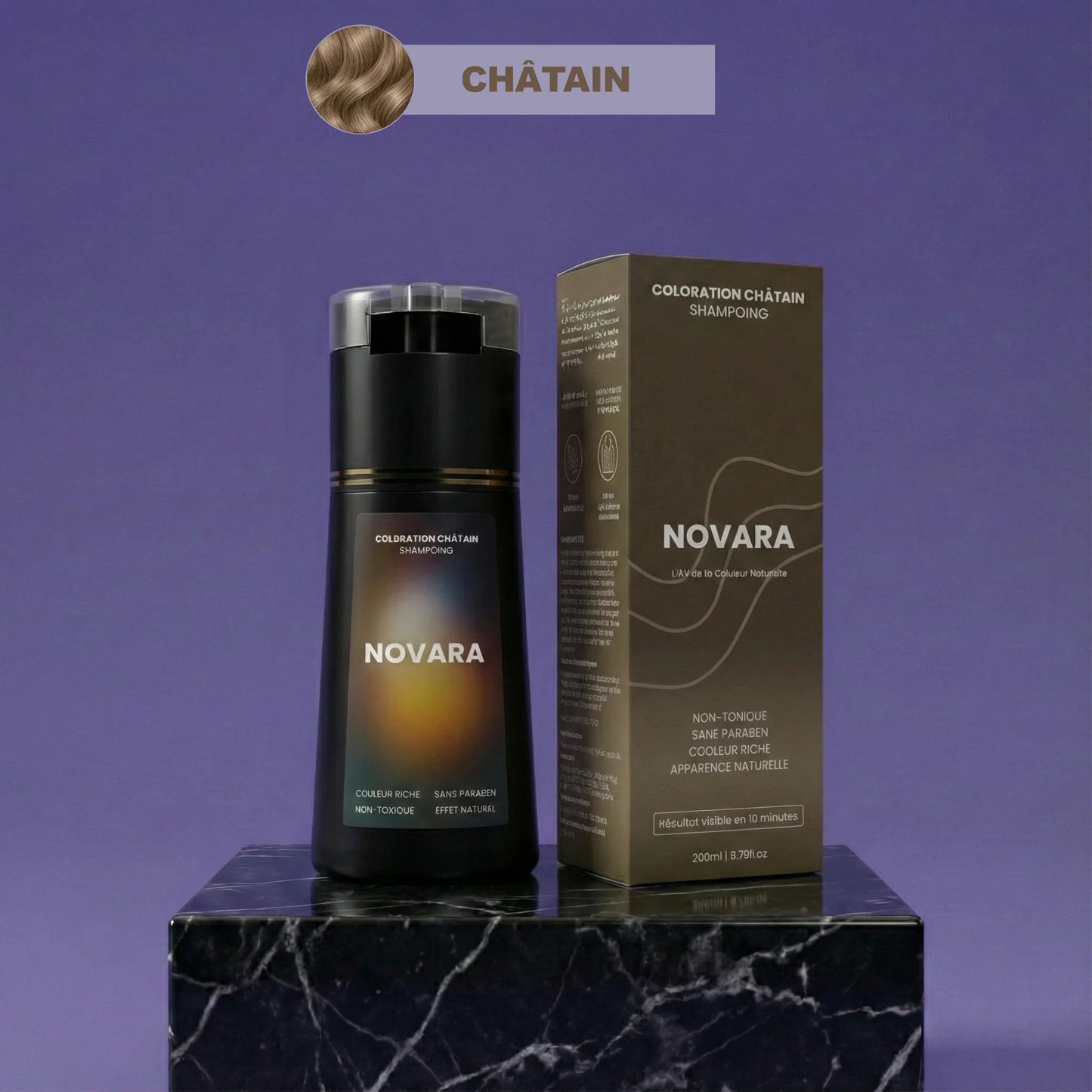 Flacon de shampoing colorant Novara, teinte châtain