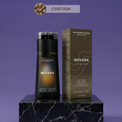 Flacon de shampoing colorant Novara, teinte châtain