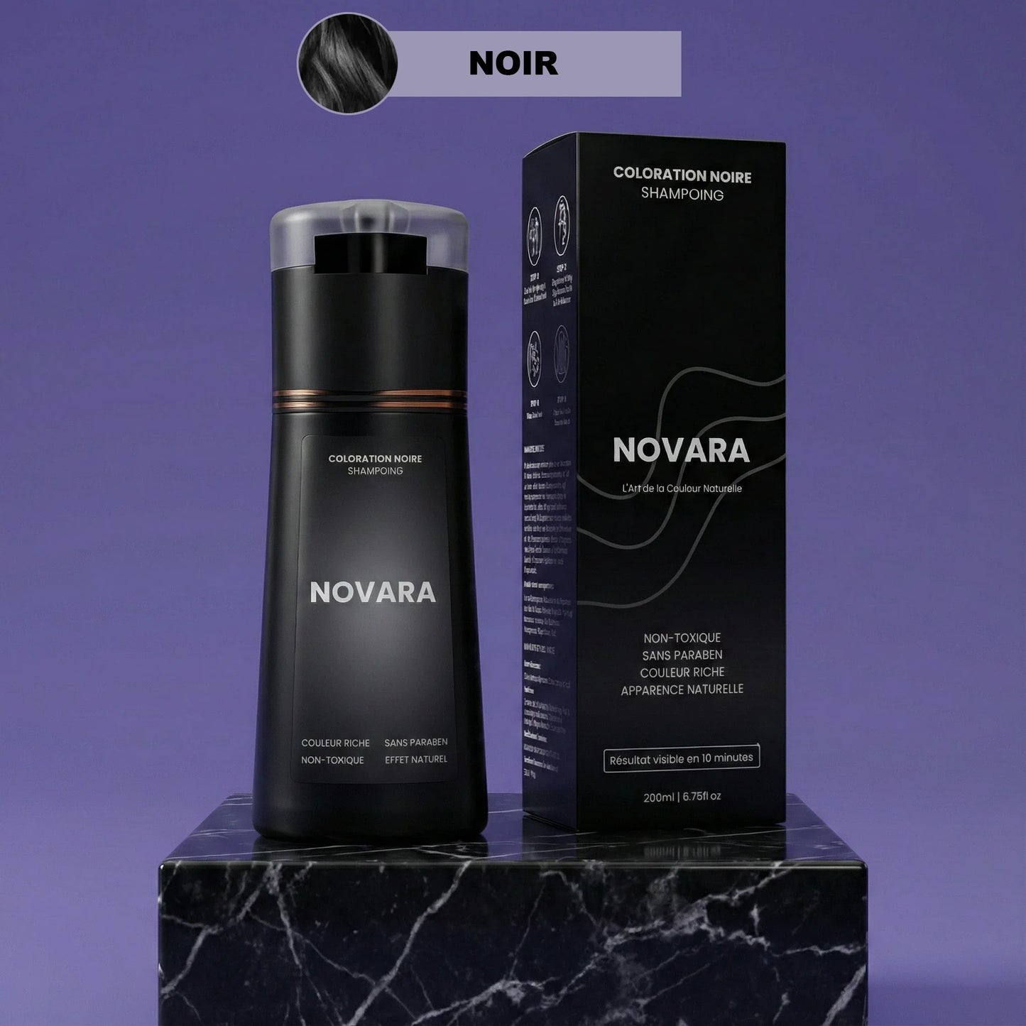 Flacon de shampoing colorant Novara, teinte noire