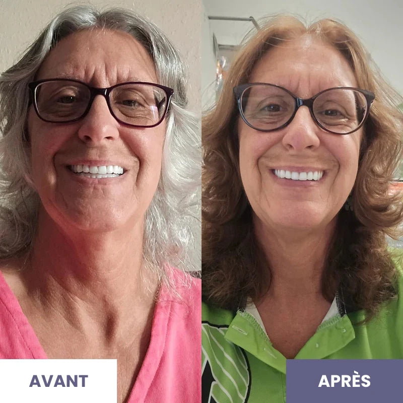 Femme aux cheveux blancs couverts après une application du shampoing colorant Novara