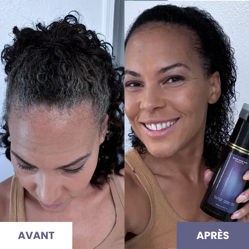 Avant après sur cheveux blancs, à côté du flacon de shampoing colorant Novara
