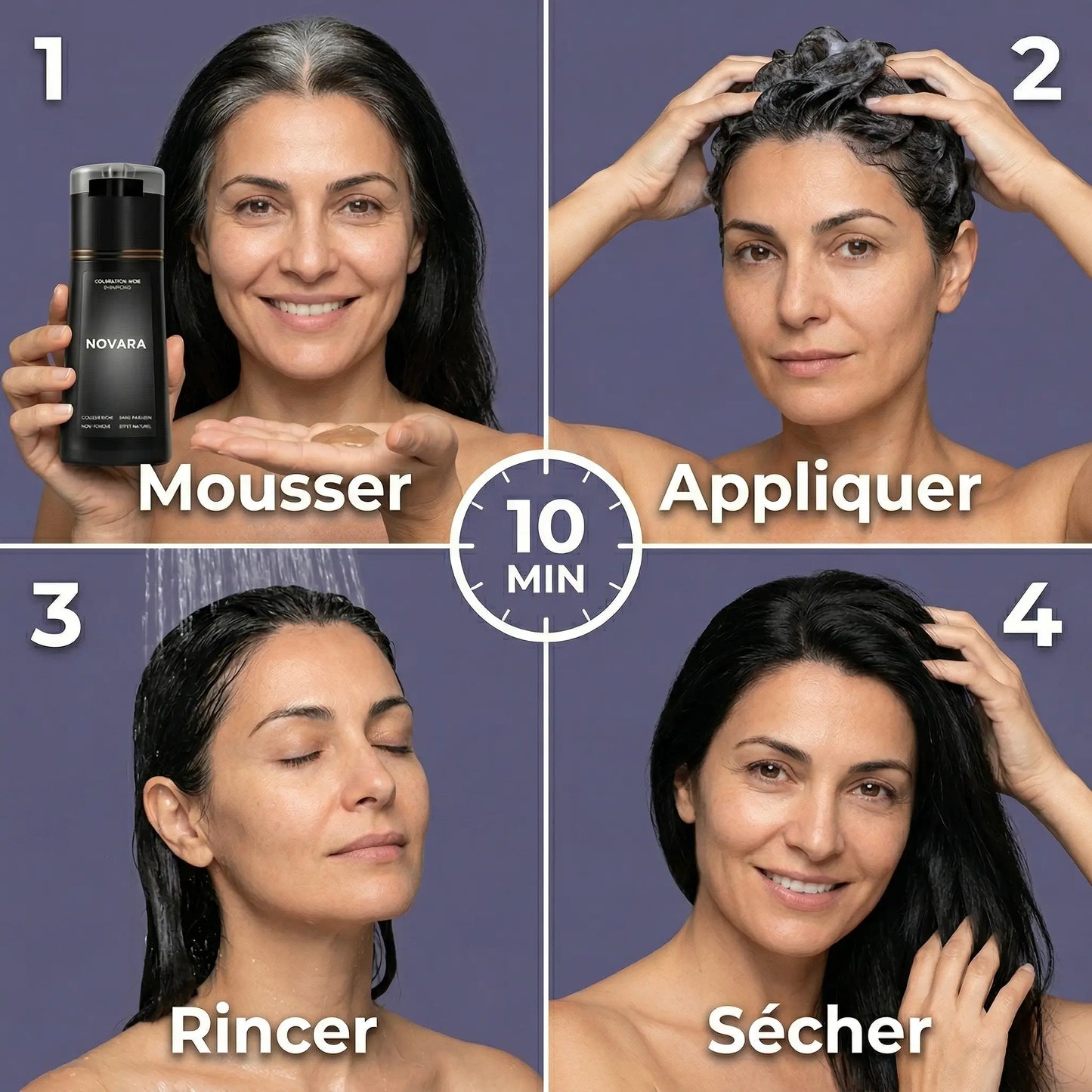Les étapes d'application du shampoing colorant Novara en 10 minutes